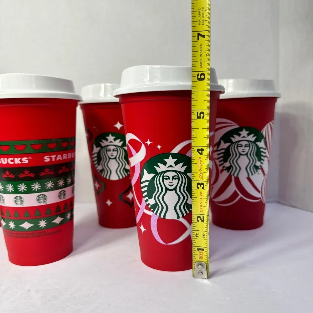 Starbucks Reusable Red Holiday Cups Set of 6 Christmas Festive Designs 16oz Lids